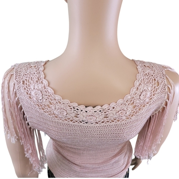 The Limited Womens Vtg y2k Hand Knit Beaded Fringe Crochet V Neck Pink Top SzS🖤 - Picture 9 of 15